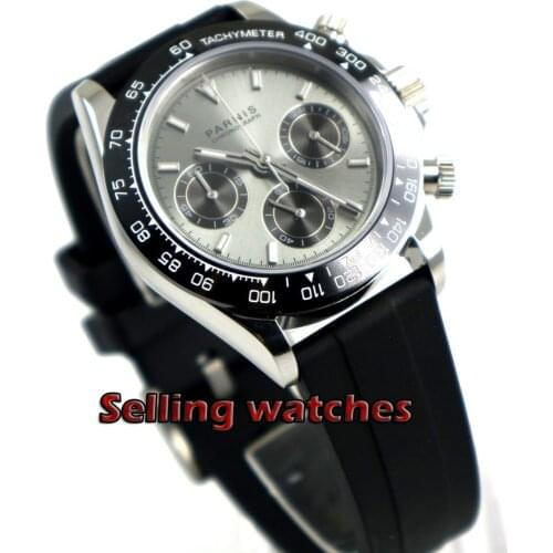 Solid 39mm PARNIS Quartz mens watch Full Chronograph Gray dial luminous sapphire glass stop watch men