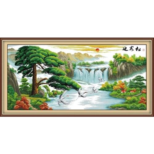 Guest-greeting pine cross stitch kit mountain river 14ct 11ct count printed canvas stitching embroidery DIY handmade needlework