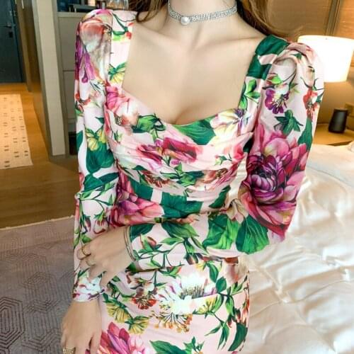 2021 autumn new European and American womens retro print slim slim fishtail dress with hips Sheath Office Lady