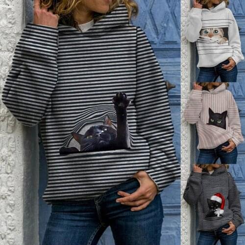 New All-match striped hoodie Women Plus Size 3D Animal Printed Pullover Long Sleeve Sweatshirt Shirts Tops cat ear groot warm F4