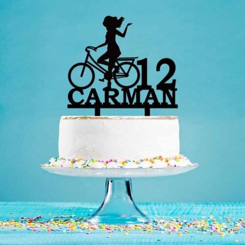 Personalized Womans Birthday Cake Topper Custom Name Age Woman Riding Bicycle Silhouette Cake Topper For Cake Decoration YC143
