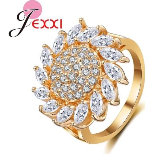 Pave Setting Super Bright Crystal Cubic Zirconia Gold Color Pretty Sunflower Shape Finger Rings Jewelry For Women Laides