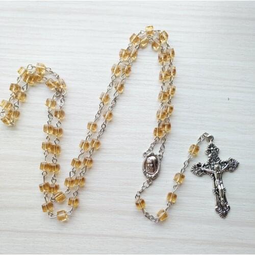 QIGO Square Champagne Crystal Rosary Necklace Metal Cross Long Pendant Religious Catholic Jewelry