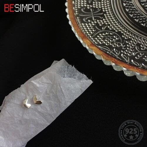 Besimpol Real s925 Silver Classic Heart Stud Earrings Kids Sweet Anti Allergy Simple Earrings For Women Fashion Fine Jewelry