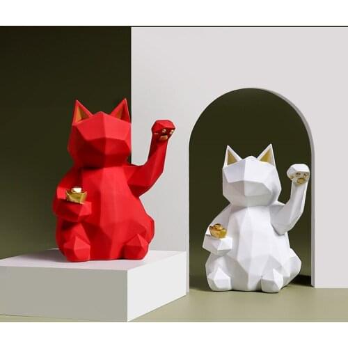 Resin Simple Geometry Fortune Cat Statue Handicraft Home Living Room Study Store Decoration Animal Figurine Gift For Good Luck