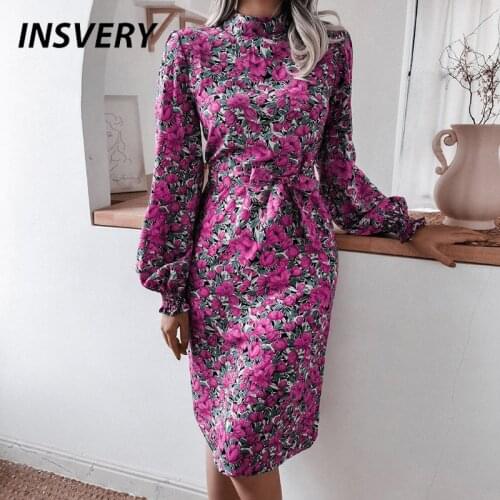 Vintage Floral Print Dress Women Stand Neck Long Sleeve Party Dresses For Women Elegant Lace Up Autumn Casual Dresses 2021