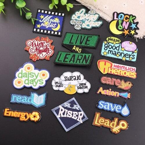 20pcs/lot Fun Embroidery Patch English Motto Letter Manner Save Clothing Decoration Accessories Diy Iron Heat Transfer Applique