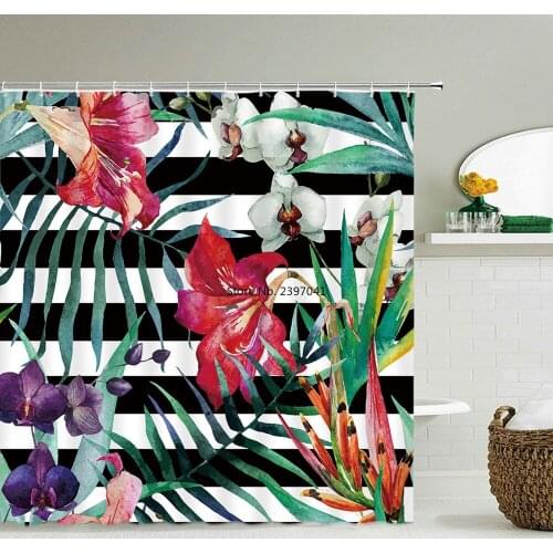 Black White Stripes Flowers Butterfly Pattern Shower Curtain 3D Bath Screen Waterproof Fabric Bathroom Decor Shower Curtains