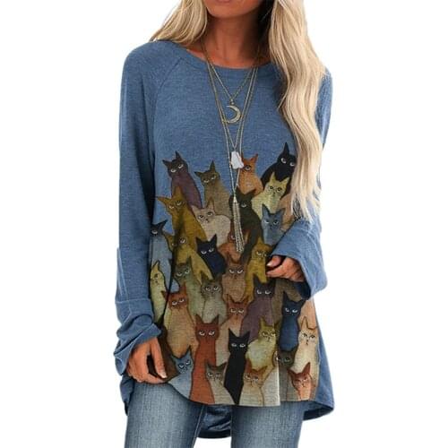 Women Funny Cute Cat Printed Round Neck Long Sleeve Tunics T Shirt Autumn Fashion Casual Plus Size Cotton Loose Pullover Tops