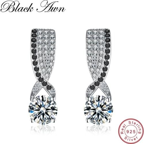[BLACK AWN] Genuine 925 Sterling Silver Black Spinel Stone Engagement Stud Earrings for Women Sterling Silver Jewelry T121