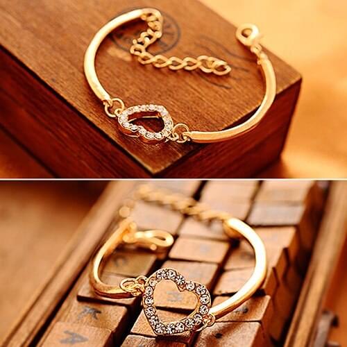 Womens Gold Tone Crystal Rhinestone Love Heart Charm Chain Bracelet Bangle Gift 9AZD