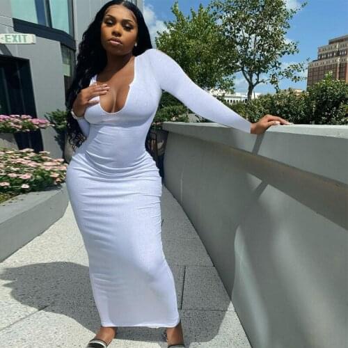 Women Sexy Maxi Dress Solid Color U-shaped Color Long Sleeve Slim Casual Long Dress Female Autumn Spring Clubwear Clothes New