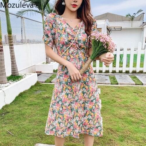 Mozuleva 2020 Elegant Summer Colorful Flower Print Women Chiffon Dress Female Short-Sleeve V-neck Party Holiday Dress Vestidos