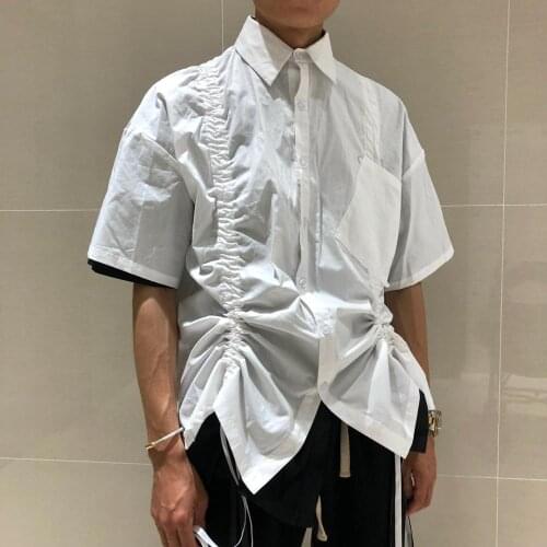 2020 Drawstring ribbon functional cotton shirt short-sleeved mens black and white shirt original design diagonal pocket