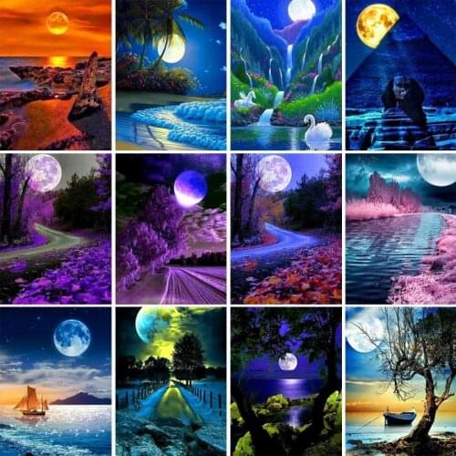 5D Diy Diamond Painting Moon Night View Full Diamond Embroidered Landscape Rhinestone Art Picture Mosaic Home Decoration Gift