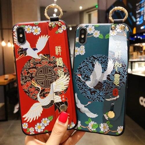 Chinese Style Bird Flower Wrist Strap Phone Case for iPhone 12 Pro Max Mini 11 6 6S 7 8 Plus X XR XS Max Holder Cover Funda