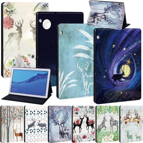 For Huawei MediaPad M5 Lite 8/M5 Lite 10.1"/M5 10.8"/T3 8.0"/T3 10 9.6"/T5 10 10.1" Painting Deer Series Tablet Stand Cover Case