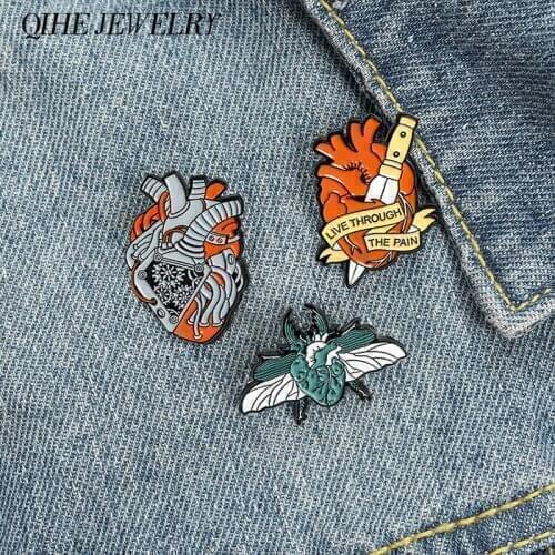 Broken Heart Enamel Lapel Pins Dagger Insect Machinery Heart Anatomy Brooches Pain Banner With Dagger Memorial Old School Badge