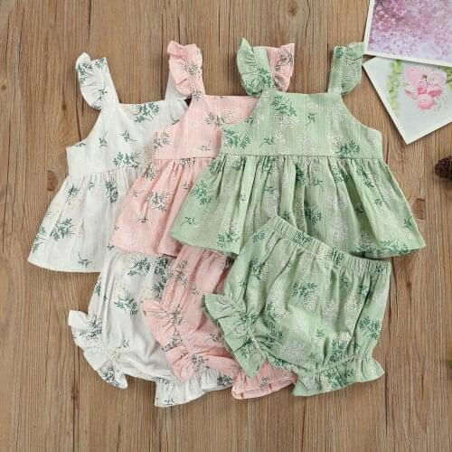 2Pcs Baby Girls Summer Outfit Suit Cotton Linen Floral Print Square Neck Tank Tops+Elastic-Waist Shorts Tracksuit for Toddlers
