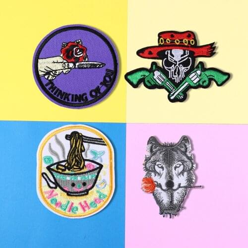 Skeleton cowboy patches for clothes embroidered Wolf with flowers patch sew on stripe DIY Embroidery Iron-On for clothing