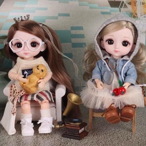 New 14 Movable Jointed BJD Doll Toys 1/8 16 CM Mini Lovely 3D Eyeball Long Hair Dress up Doll With Glasses Bags for Girls Gift