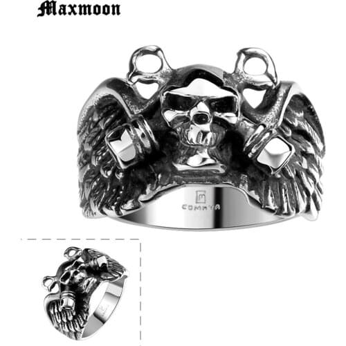 Maxmoon Drop Shipping Sale Stainless Pirate Part Plated-Black Skull For Man Titanium Steel Boys Punk Fashion Ring