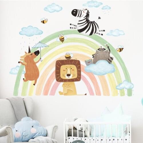 Animals Rainbow Bridge Wall Stickers for Kids rooms Baby Bedroom Wall Decor Cartoon Lion Zebra Sticker for Nursery Home Decor