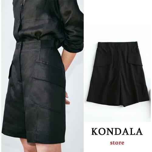 KONDALA Za Office Lady Chic Black Shorts Women High Waist Knee Length Loose Pants Pockets Casual Button Mujer Shorts