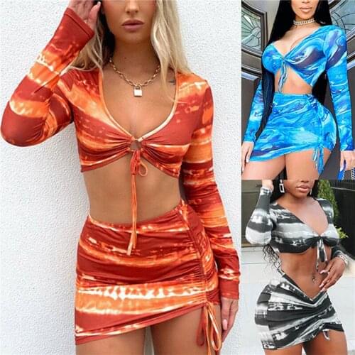 Tie Dye Print Long Sleeve Crop Tops Two Pieces Set Women Summer Mesh Sheer Printing Tracksuit V Neck 2 Pcs Sets 2021 Clubwear