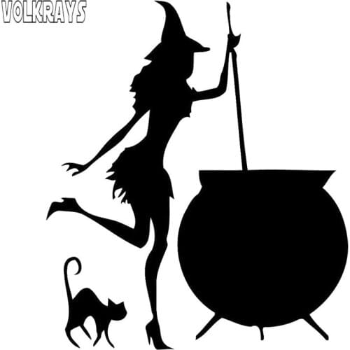 Volkrays Creative Car Sticker Witch Cauldron Potion Decor Accessories Reflective Waterproof Vinyl Decal Black/Silver,14cm*12cm