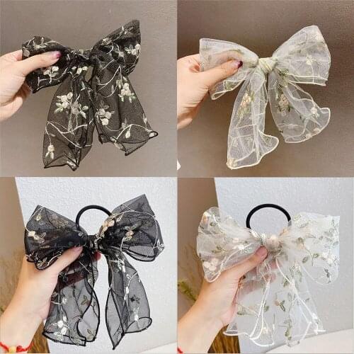 Embroidery Lace Flower Women Hair Band Big Bow Hair Ties Scrunchie Sweet Bowknot Rubber Band Girls Fashion Hair Accessories