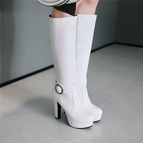 YMECHIC White Black Platform High Heels Knight Woman Boots Pu Leather Mid Calf Buckle Strap Large Size Ladies Ridding Boot Shoe
