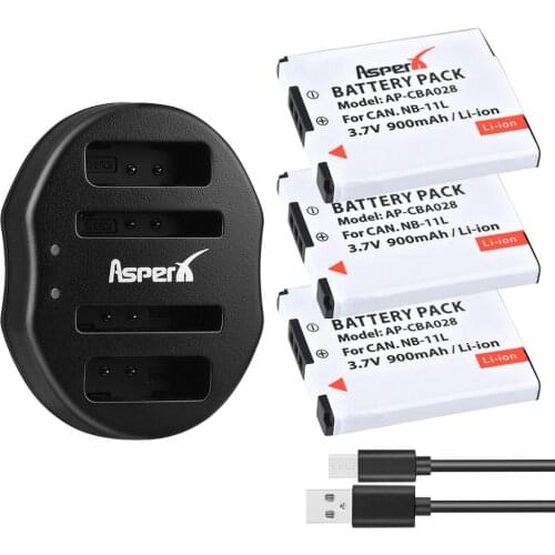 AsperX NB-11L NB 11L 3Pcs 900mAh NB11L Camera Batteries +Dual USB Charger for Canon IXUS 125 240HS A2300 A2400 A3400 A4000 Z1