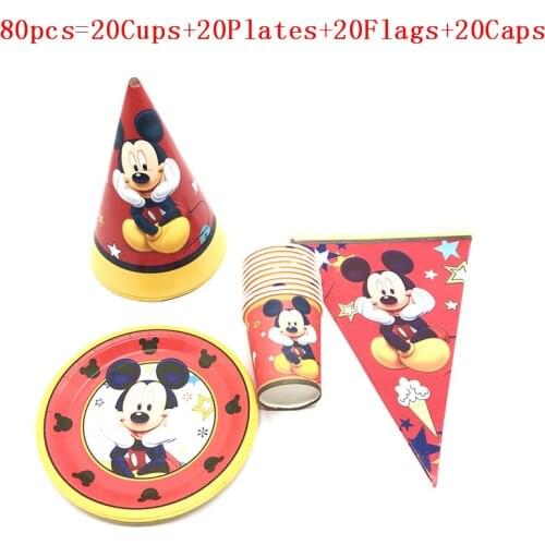 Disney Mickey Mouse Birthday 40Pcs/80Pcs Kid Birthday Party Cartoon Cup Plate Flag Event Party Festival Banner Cocked Hat Supply