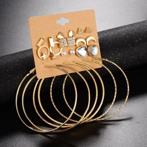 9Pairs/Set Punk Big Circle Stud Earring Set For Women Fashion Crystal Statement Earring Ear Studs Oorbellen