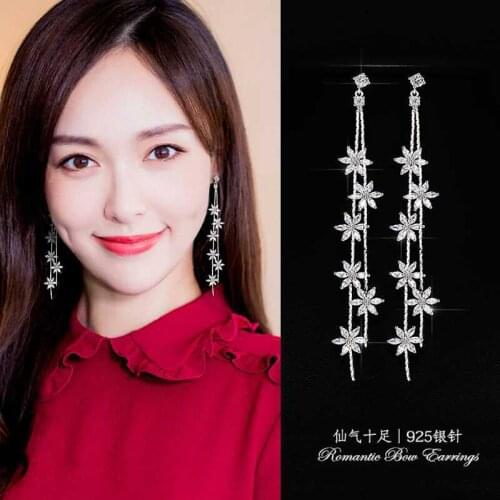 925 sterling silver earrings exaggerated earrings with temperament long pendant tassel fashion rhinestone flower female earrings