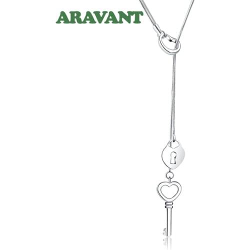 Silver 925 Long Heart Key Pendants Necklace Chains For Women Valentines Gift Fashion Wedding Jewelry