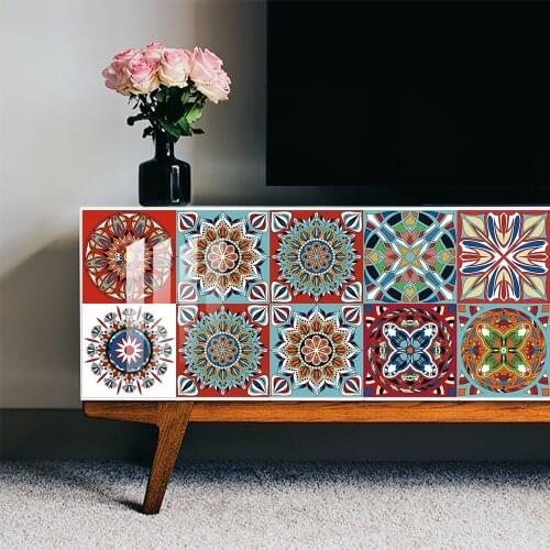 Colorful Mandala Style Strip Ceramic Tiles Glossy Surface Wall Sticker Kitchen Wardrobe Wallpaper Peel & Stick Art Wall Decals