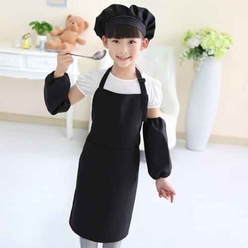 Children Kids Apron Sleeves Hat Set Big Pocket Kitchen Baking Painting Cooking Craft Art Bib Apron 9 Colors Print Logo