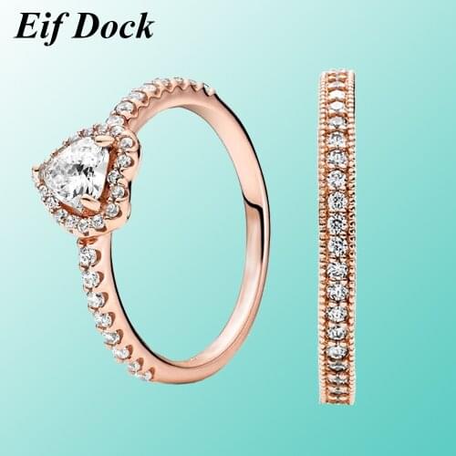 Eif Dock Rose Gold Color Sparkling Elevated Heart Ring Clear CZ Finger Rings for Women Luxury Wedding Statement Jewelry Bijoux