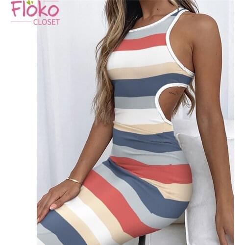 Flokocloset Summer Sleeveless Cut Out Dress Bodycon Outfits Casual O-Neck Sheath Knee-Length Party Dresses Robe Sexy