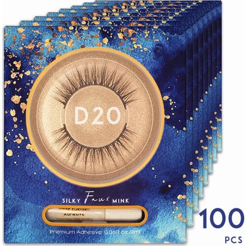 100 Pcs Wholesale Adhesive Glue Silk Fluffy Lash Soft Wispy Volume Natural Long False Eyelashes Set Makeup Reusable Latex Free