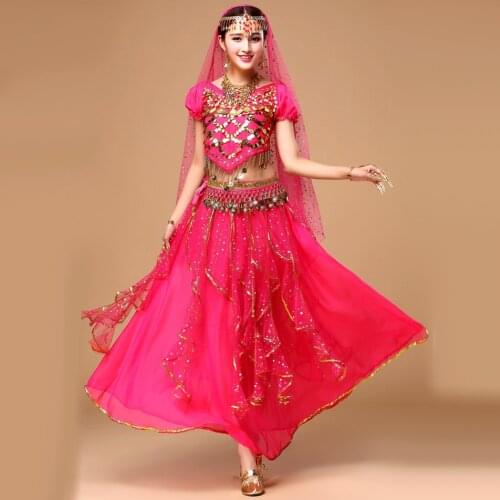 Egyptian Belly Dance Costume Professional 5 Pcs Top&Skirt&Waist Chain&Head Veil&Head chain Indian Clothes India Belly Dance Set
