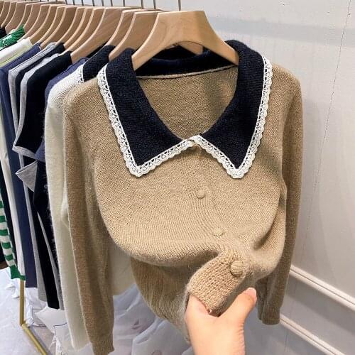 Japanese Style Lace Patchwork Peter Pan Collar Kawaii Cardigans Korean Cute Long Sleeve Knit Cardigan Vintage Elegant Cardigan