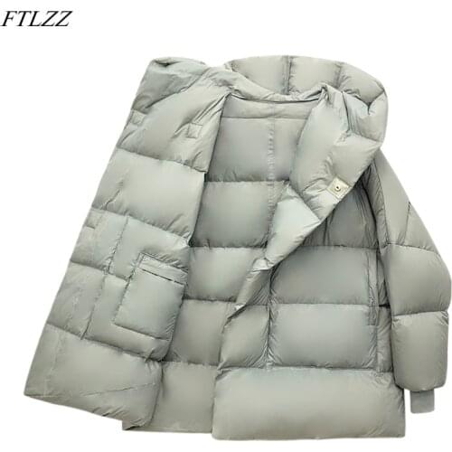 FTLZZ Winter High Quality Hooded Light Feather Short Jacket One Button Down Fluffy Coat Lady Windproof Sleeve Warm Thick Outwear