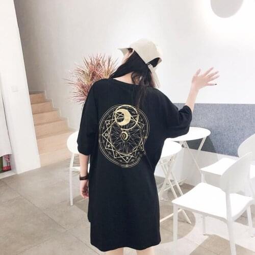 Summer Harajuku T-shirt Women Short-sleeved Constellation Pattern Long Tee Loose O-neck Casual T-shirt White Black