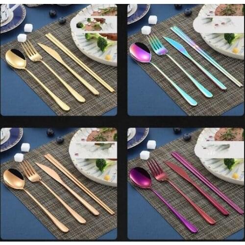 Korean flatware sets stainless steel long handle knife fork spoon chopsticks set colorful flatware for wedding kitchen accessori
