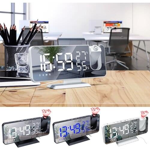 LED Mirror Alarm Clock Table Digital Ceiling Projector Alarm Clock USB Wake Up FM Radio Time Projector Bedroom Bedside Clock