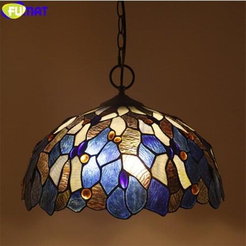 FUMAT tiffany style hanging light fixture blue church arrow feather lampshade 16" stained glass pendant lamp handicraft decor