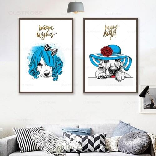 Nordic Animal Posters And Prints Bule White Cute Dogs Canvas Painting For Childrens Room Nursery Decoration Wall Art Pictures